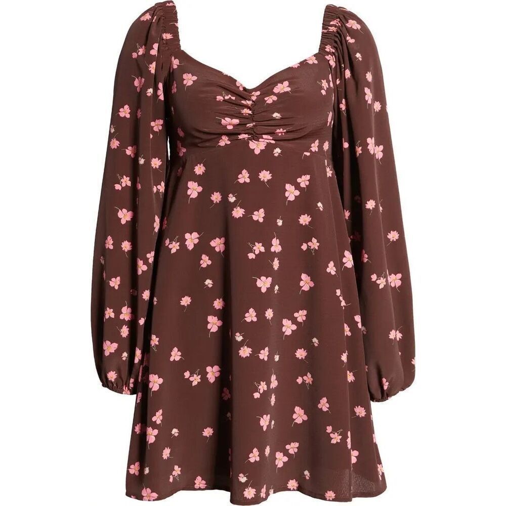 WAYF Womens Moment Dress XL Floral Long Sleeve Swing Mocha Falling Hippie Boho
